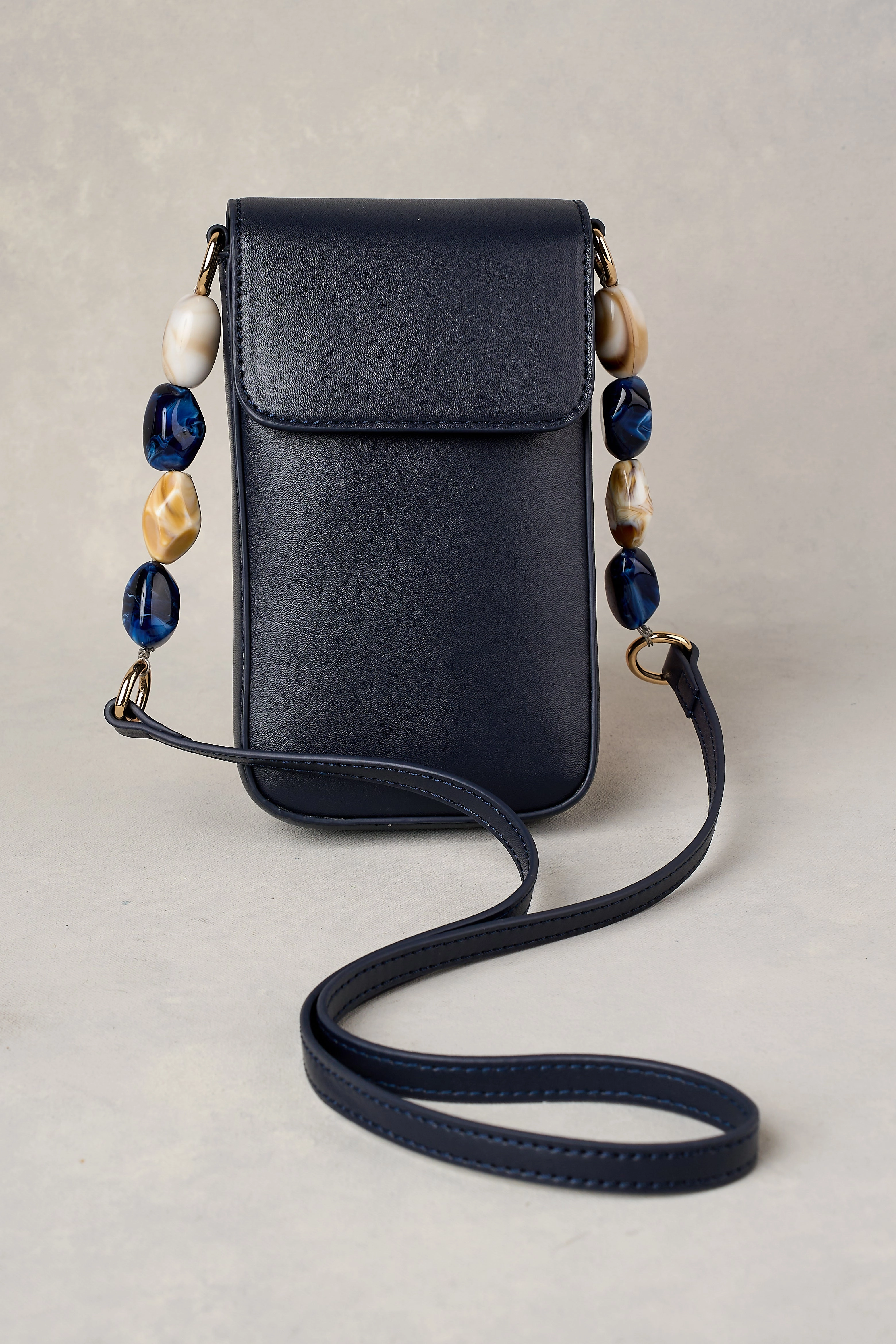 Beaded Strap Leather Phone Bag - Ink