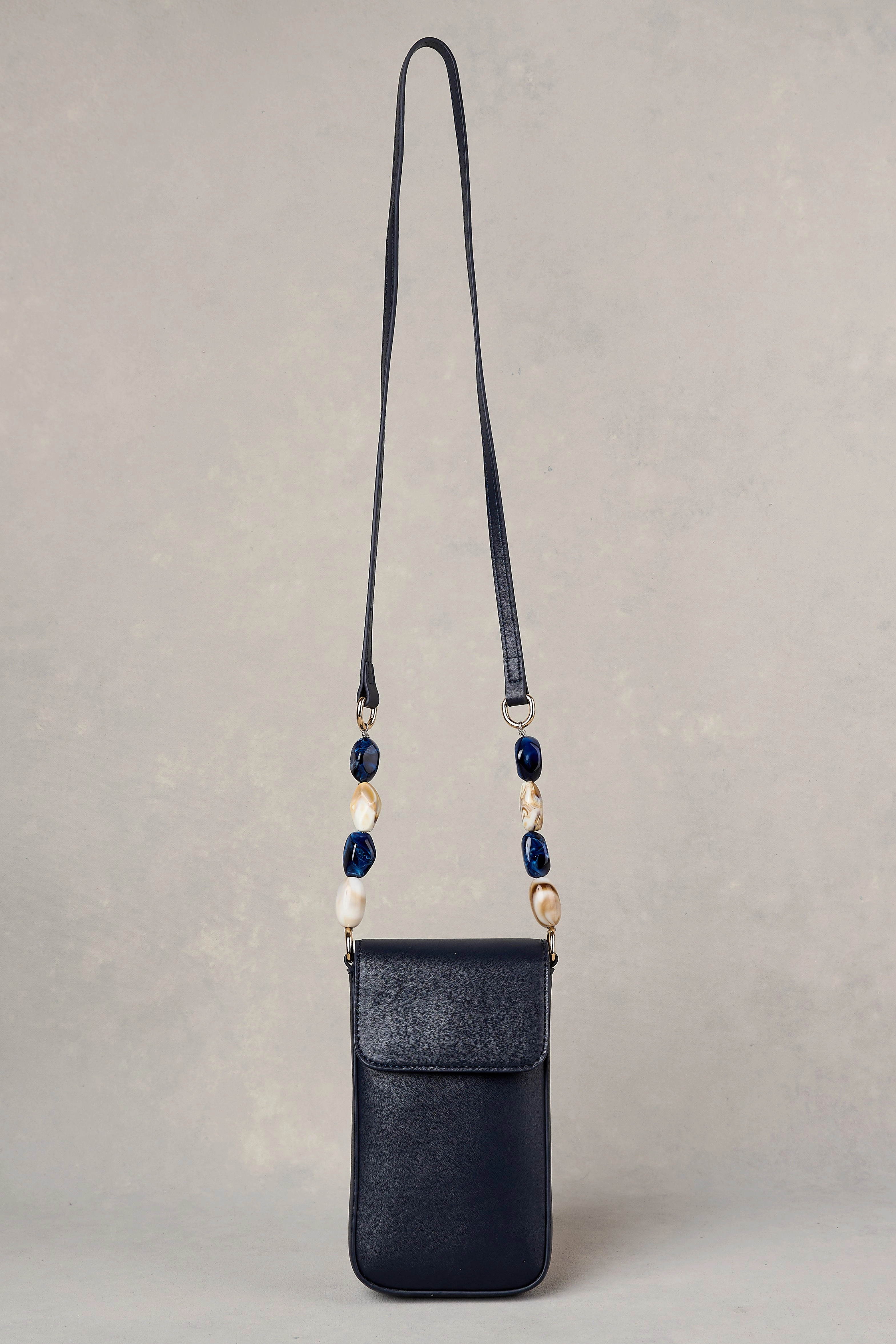 Beaded Strap Leather Phone Bag - Ink