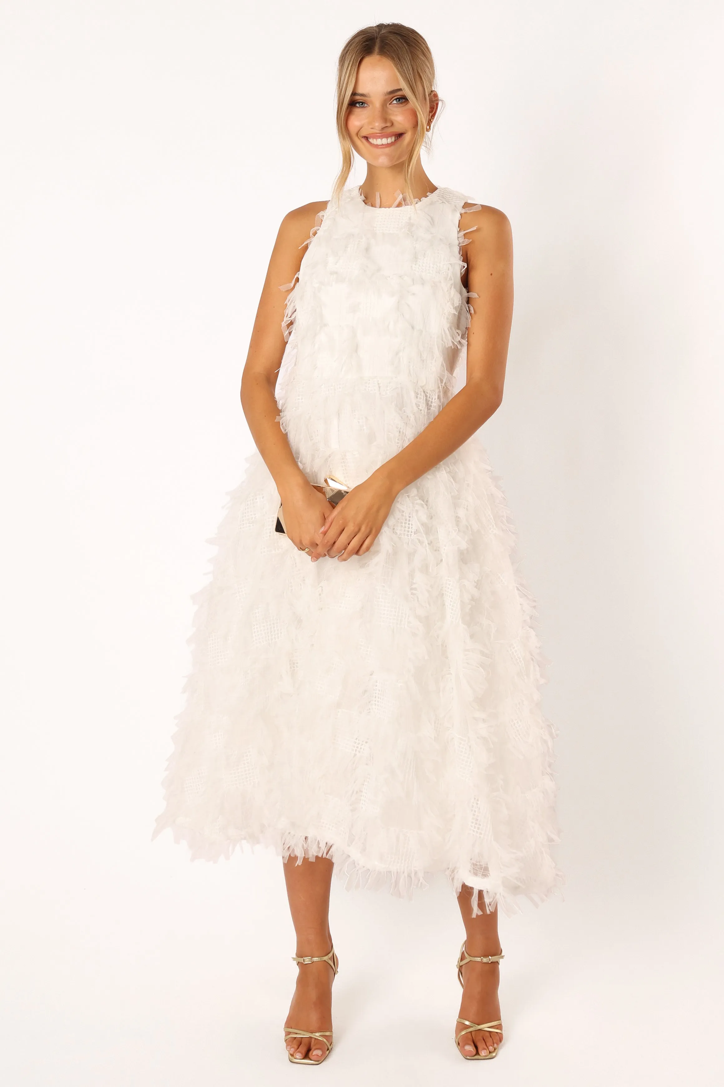 Florence Feathered Midi Dress - White