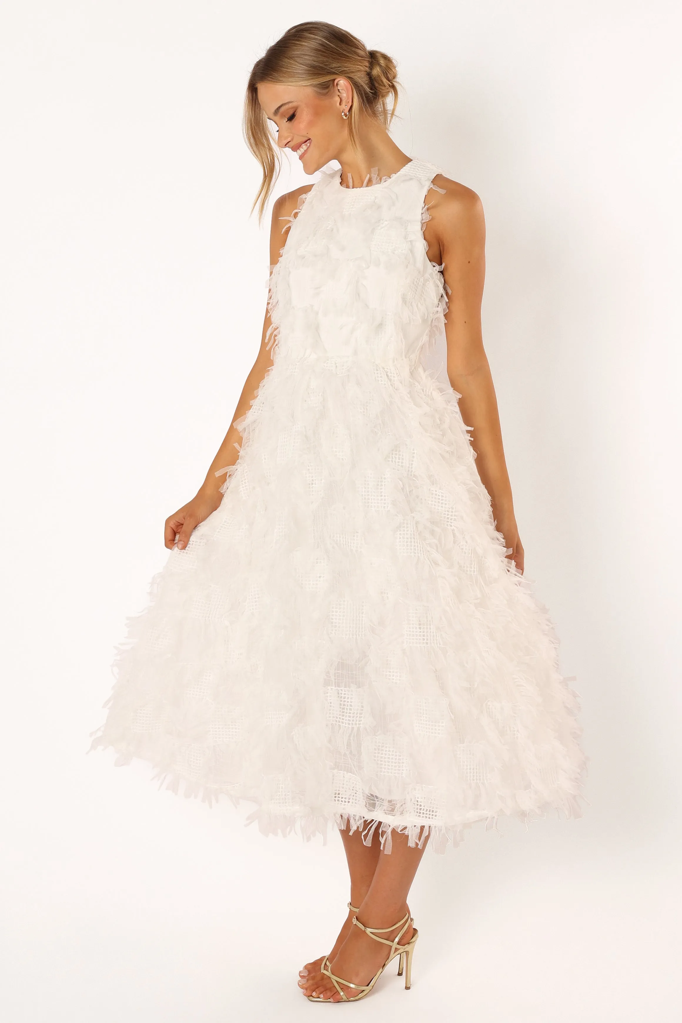 Florence Feathered Midi Dress - White