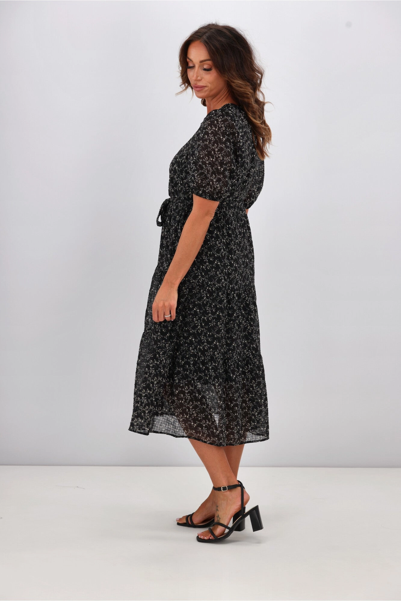 Gloss by Shine On Kaylee Puffed Sleeve Dress Check Floral Chiffon Black