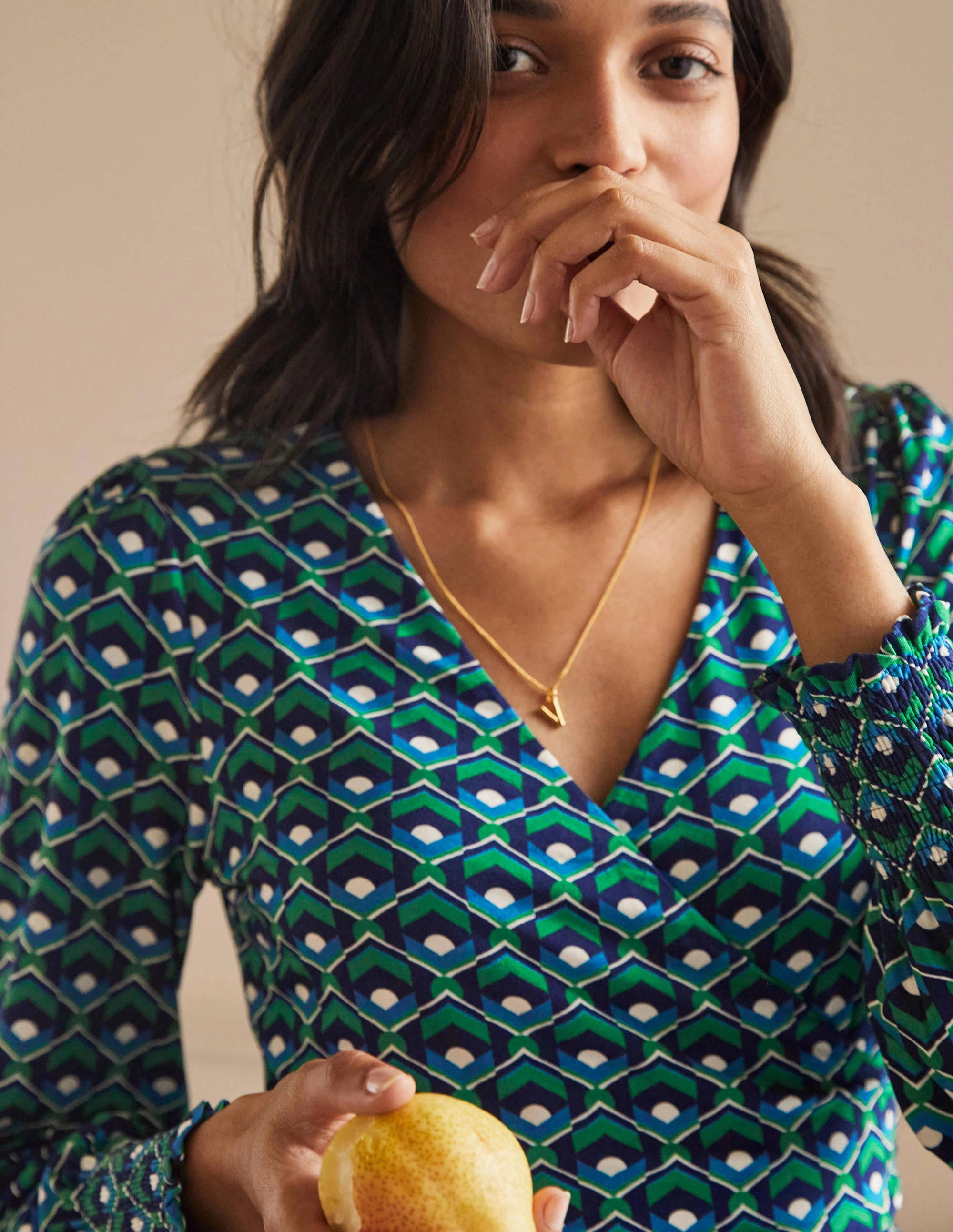 Jersey Wrap Dress-Highland Green, Geometric Tile