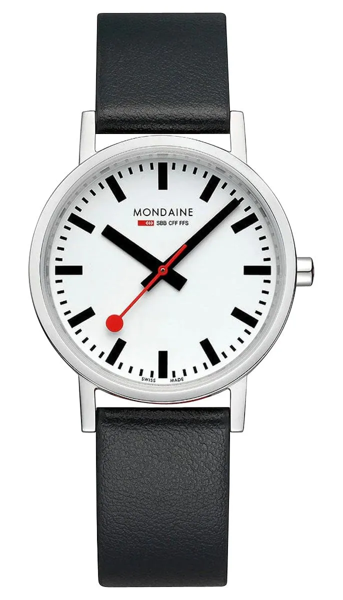 Mondaine Classic Stainless Steel White Dial Black Vegan Leather Strap Quartz Unisex Watch A660.30314.16SBB
