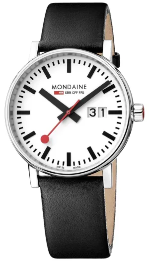 Mondaine EVO2 Stainless Steel White Dial Black Leather Strap Date Quartz Mens Watch MSE.40210.LB