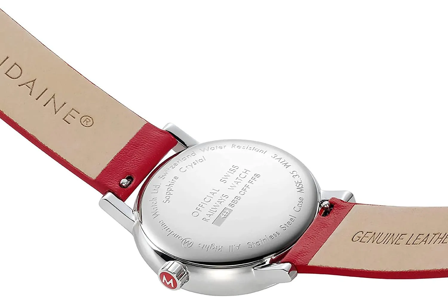 Mondaine EVO2 Stainless Steel White Dial Red Leather Strap Quartz Unisex Watch MSE.35110.LC