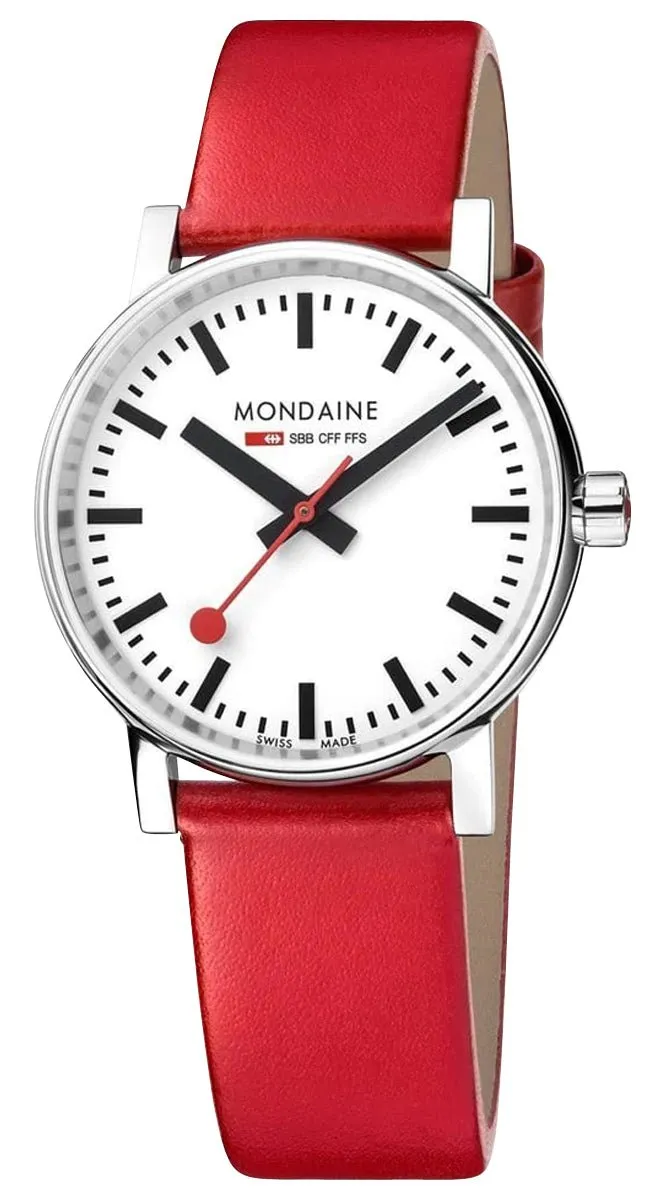Mondaine EVO2 Stainless Steel White Dial Red Leather Strap Quartz Unisex Watch MSE.35110.LC