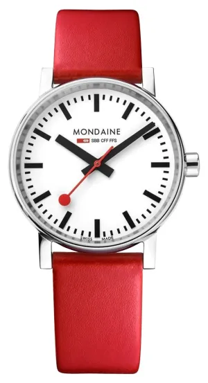 Mondaine EVO2 Stainless Steel White Dial Red Leather Strap Quartz Unisex Watch MSE.35110.LC