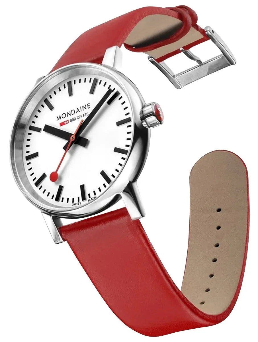 Mondaine EVO2 Stainless Steel White Dial Red Leather Strap Quartz Unisex Watch MSE.35110.LC