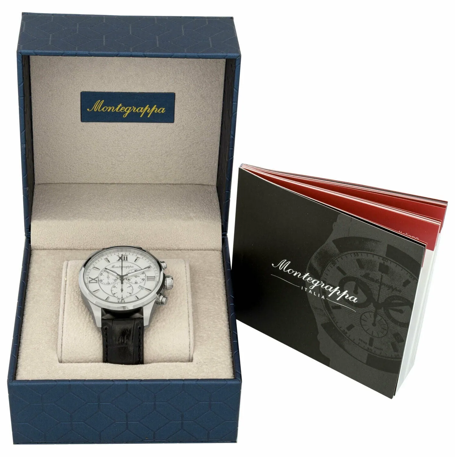Montegrappa Fortuna Chronograph Date White Dial Black Leather Strap Quartz Men's Watch IDFOWCLJ