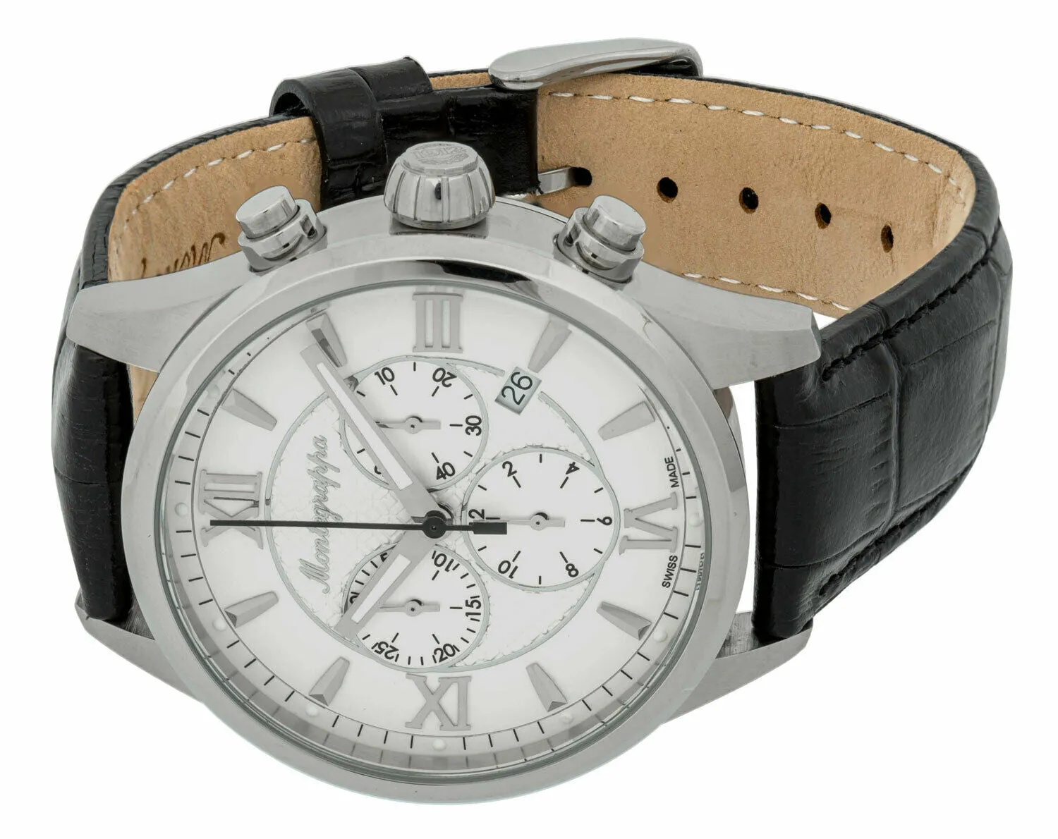 Montegrappa Fortuna Chronograph Date White Dial Black Leather Strap Quartz Men's Watch IDFOWCLJ
