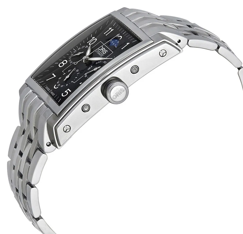 Oris Rectangular Complication Automatic Stainless Steel Black Dial Moonphase Dual Timezone Day/Date Mens Watch 582 7658 4034-07 8 23 82