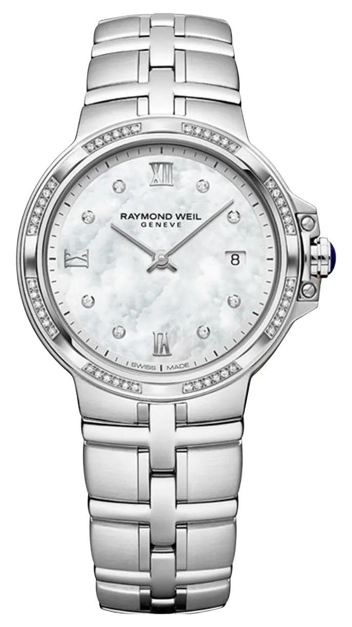 Raymond Weil Parsifal Stainless Steel Diamonds Mother-of-Pearl Dial Date Quartz Womens Watch 5180-STS-00995