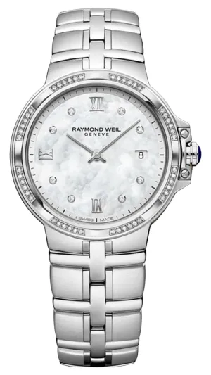 Raymond Weil Parsifal Stainless Steel Diamonds Mother-of-Pearl Dial Date Quartz Womens Watch 5180-STS-00995
