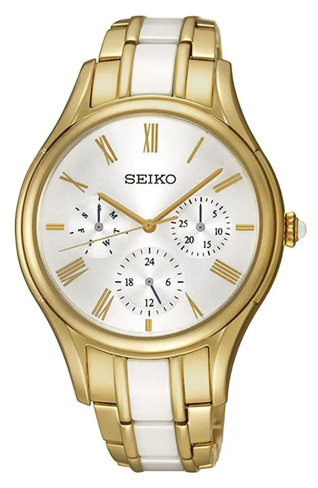 Seiko Gold PVD Steel & White Ceramic Silver Dial Quartz Womens Watch SKY718P1