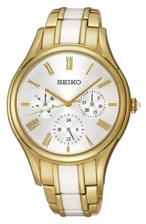 Seiko Gold PVD Steel & White Ceramic Silver Dial Quartz Womens Watch SKY718P1