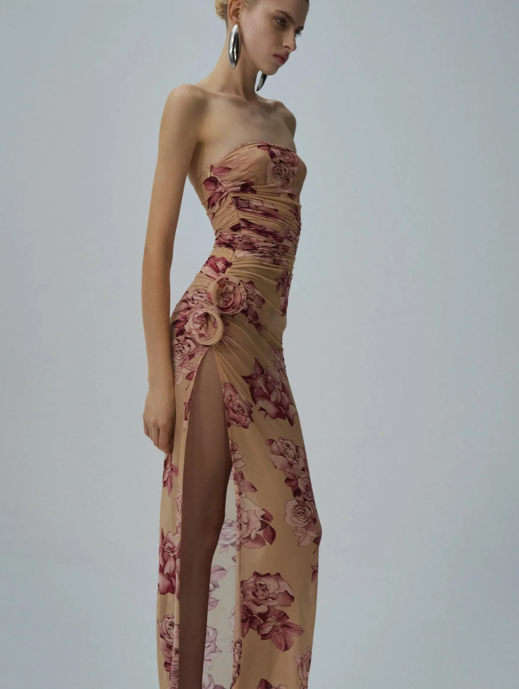 Strapless Flower Applique Midi Dress in Beige Print