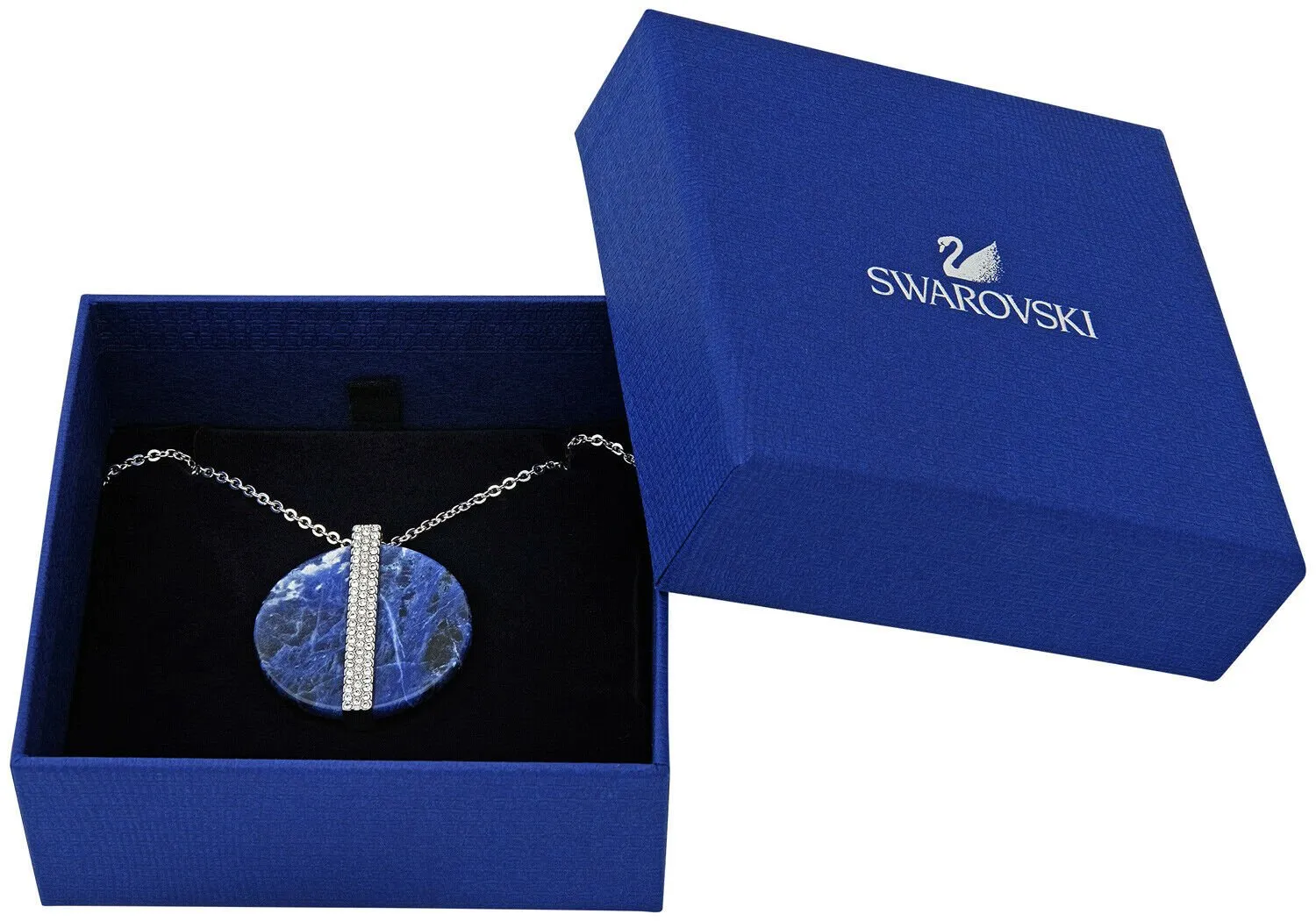 Swarovski Sodalite Disk Large Blue Pendant with Crystals 5139483 Rhodium Plated Steel Chain Necklace for Women