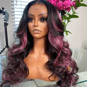 Tuneful Glueless Purple Pink Highlight Colored 13x6 5x5 6x5 Lace Front Closure Human Hair Wig 180% Density