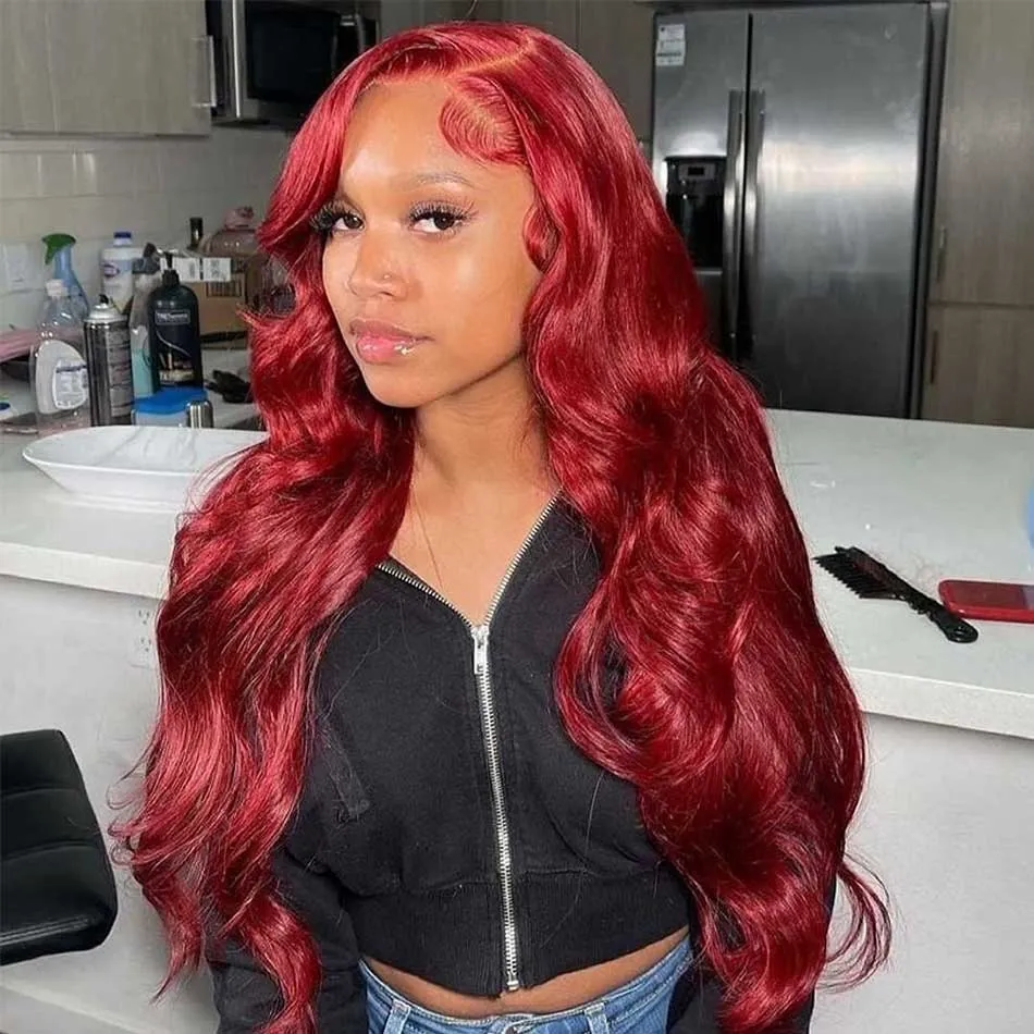 Tuneful Glueless Reddish Burgundy Color 13x6 5x5 6x5 Lace Front Closure Human Hair Wigs Body Wave Wig 180% Density