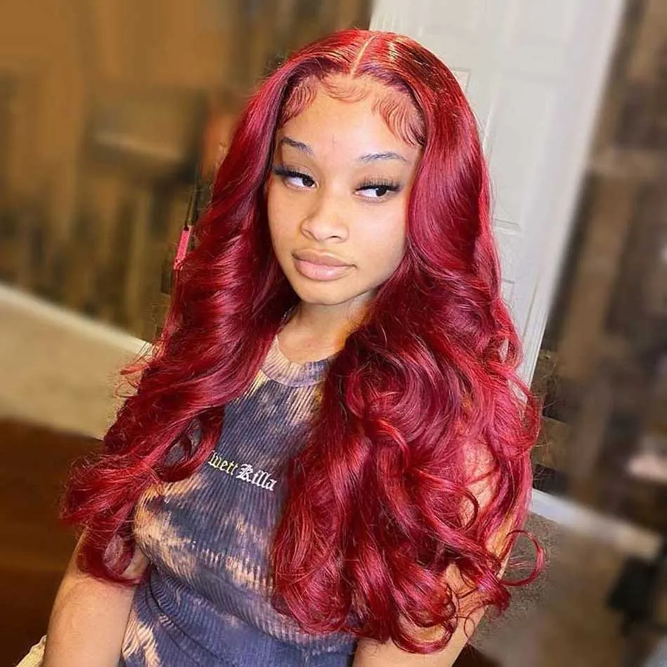Tuneful Glueless Reddish Burgundy Color 13x6 5x5 6x5 Lace Front Closure Human Hair Wigs Body Wave Wig 180% Density