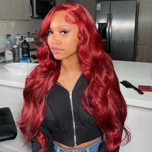 Tuneful Glueless Reddish Burgundy Color 13x6 5x5 6x5 Lace Front Closure Human Hair Wigs Body Wave Wig 180% Density