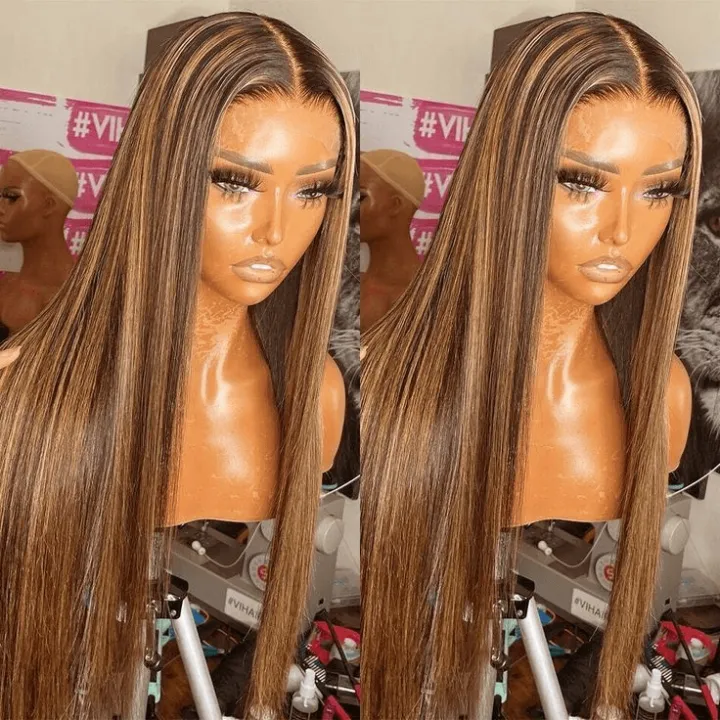 Tuneful Honey Blonde Highlight Colored Straight 13x6 Lace Frontal Human Hair 180% Density Wigs Bogo Deal