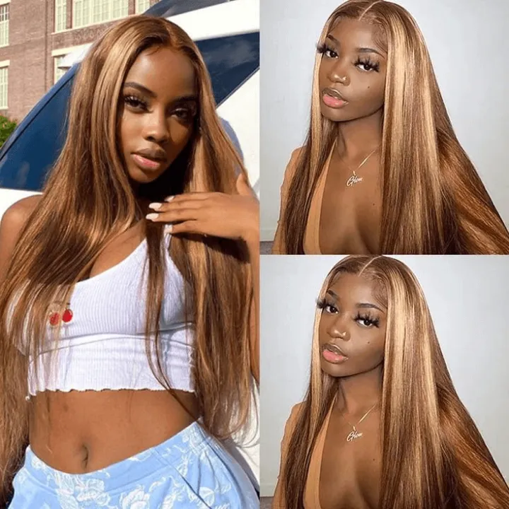 Tuneful Honey Blonde Highlight Colored Straight 13x6 Lace Frontal Human Hair 180% Density Wigs Bogo Deal