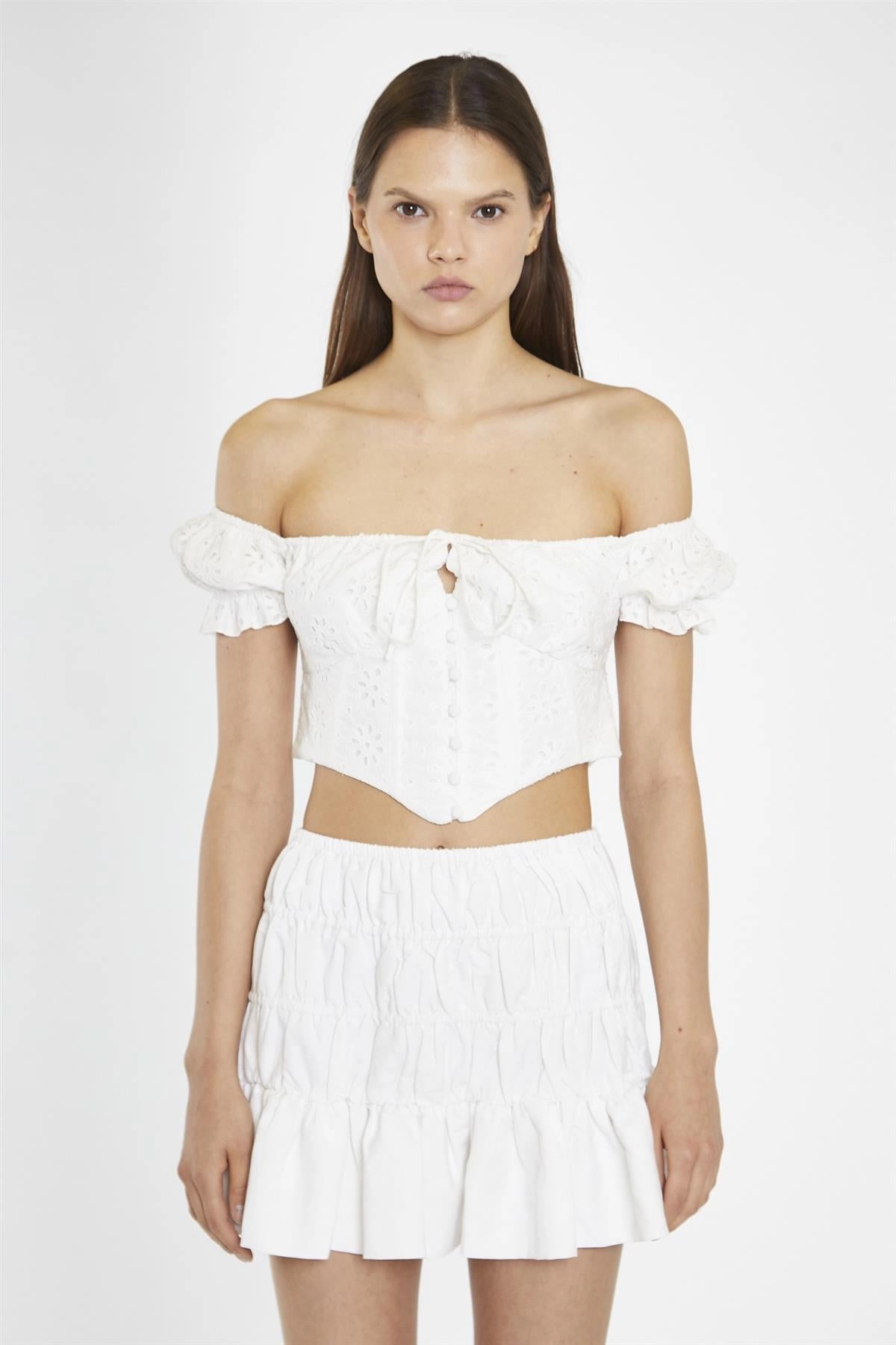 White-Broderie Bardot Corset-Top