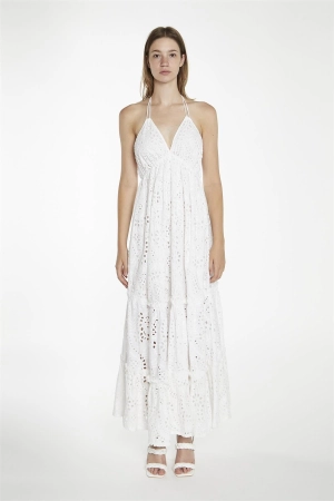 White-Broderie Halterneck Maxi-Dress