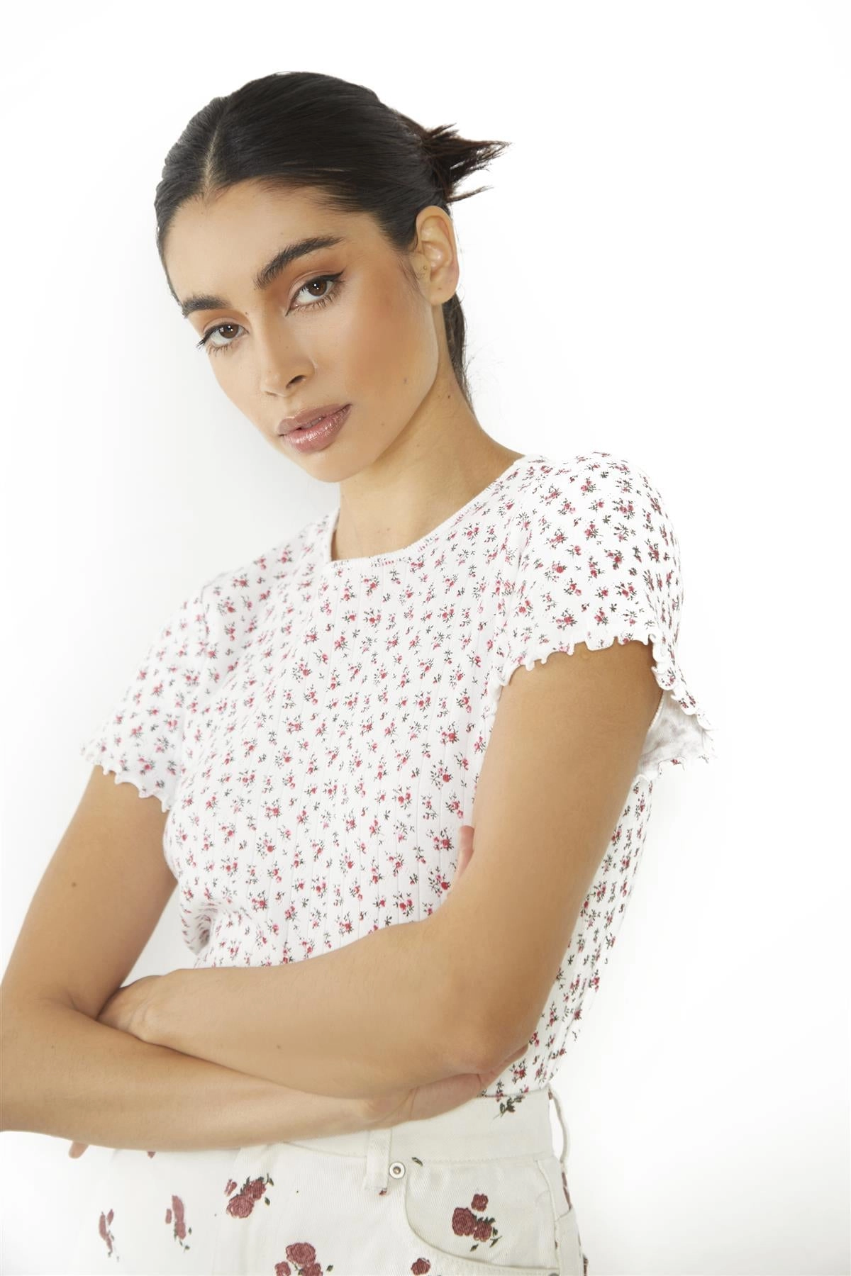 White Ditsy Pointelle Floral Lettuce-Hem Short-Sleeve-Top