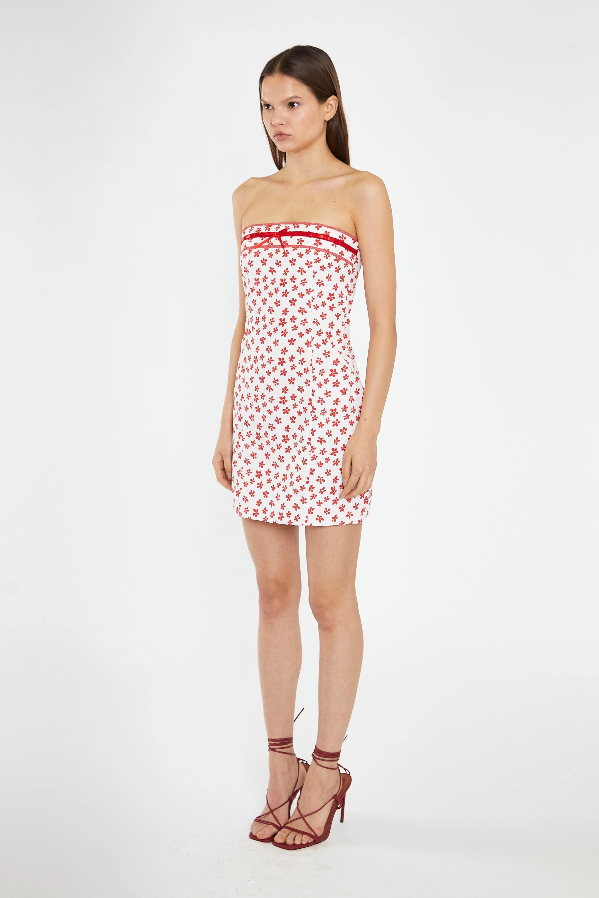 White-Red Daisy Fitted Bandeau Mini-Dress