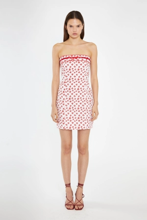 White-Red Daisy Fitted Bandeau Mini-Dress