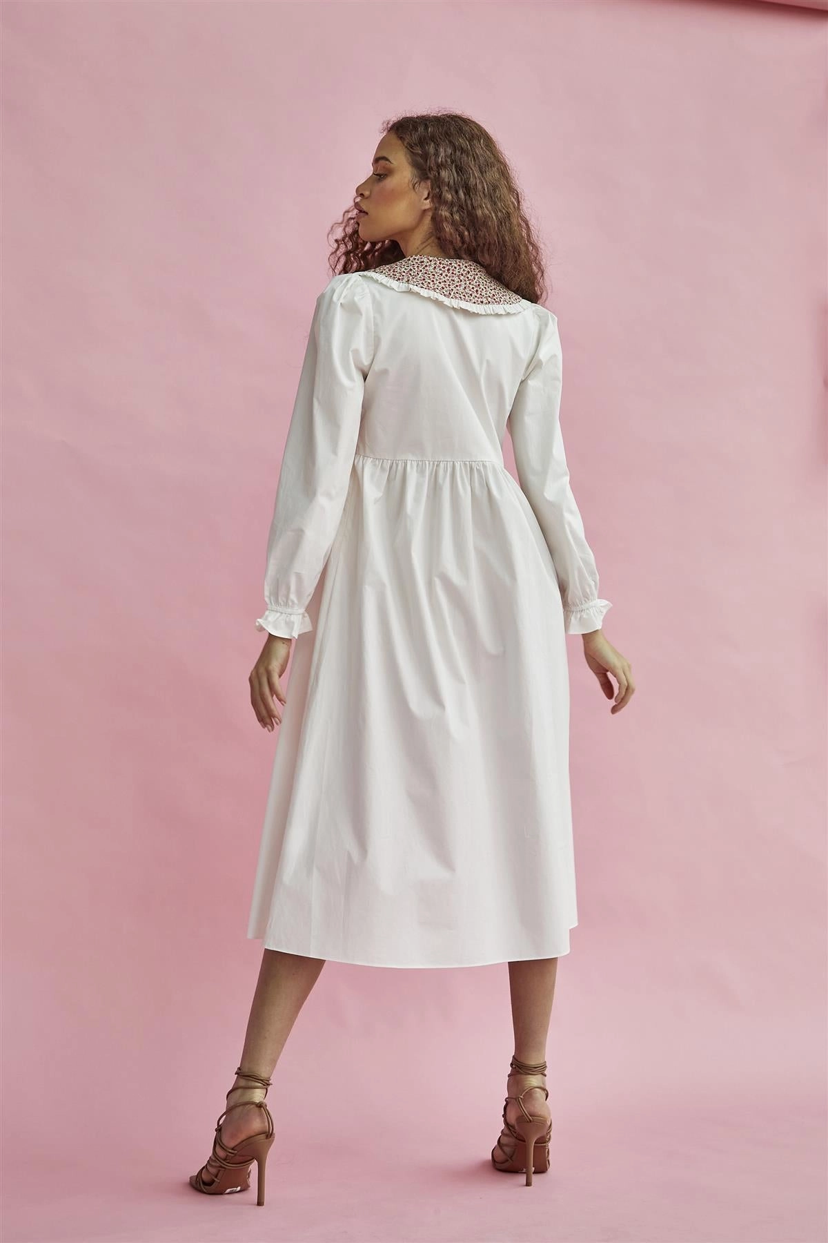 White Red Pink Ditsy Collared Long-Sleeve Midaxi-Dress