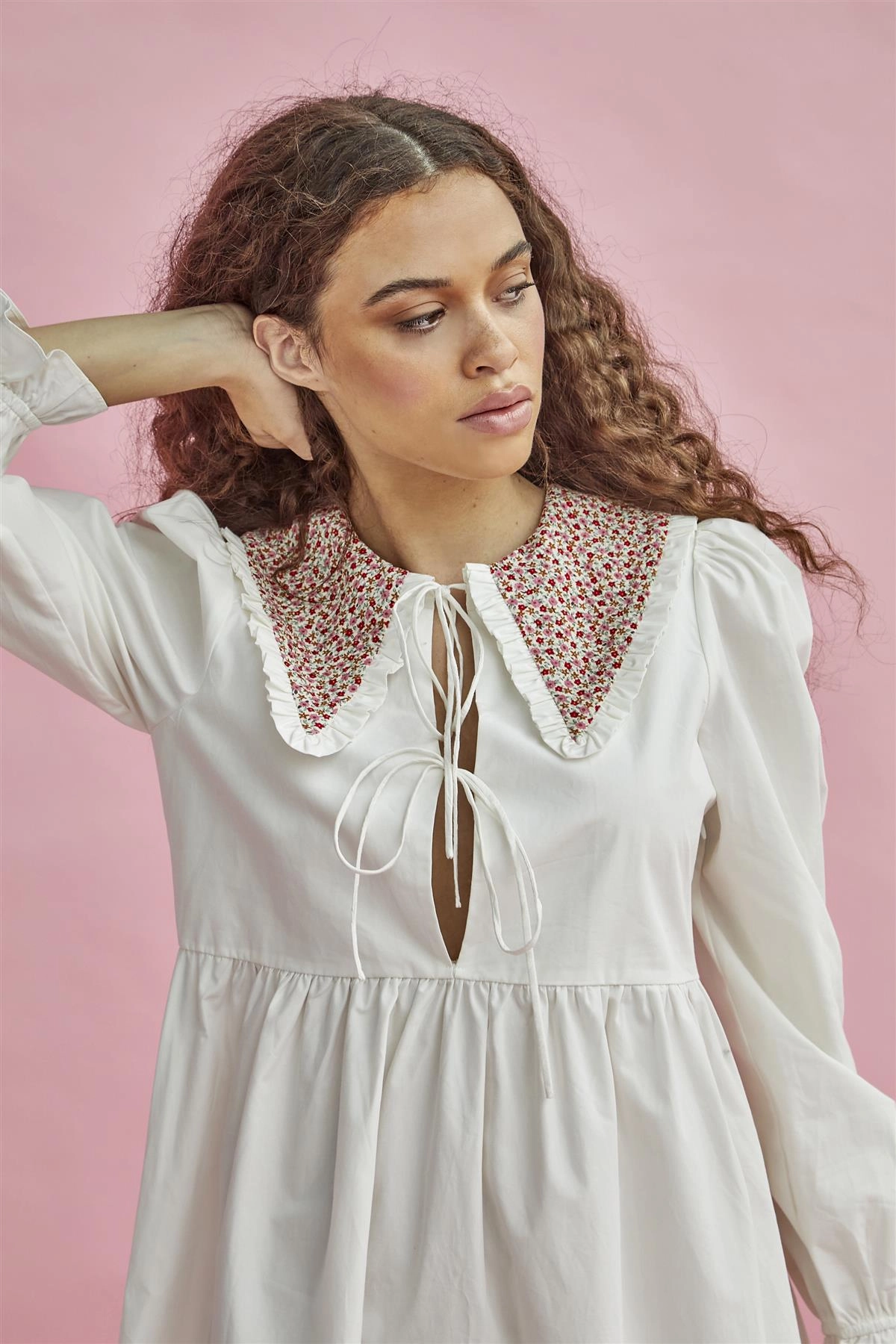 White Red Pink Ditsy Collared Long-Sleeve Midaxi-Dress