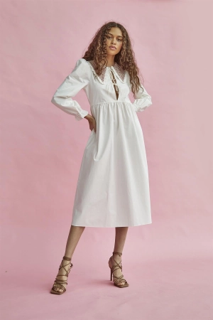 White Red Pink Ditsy Collared Long-Sleeve Midaxi-Dress