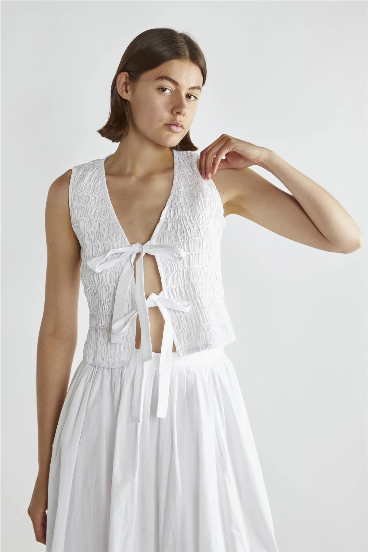 White Shirred Tie-Front Top