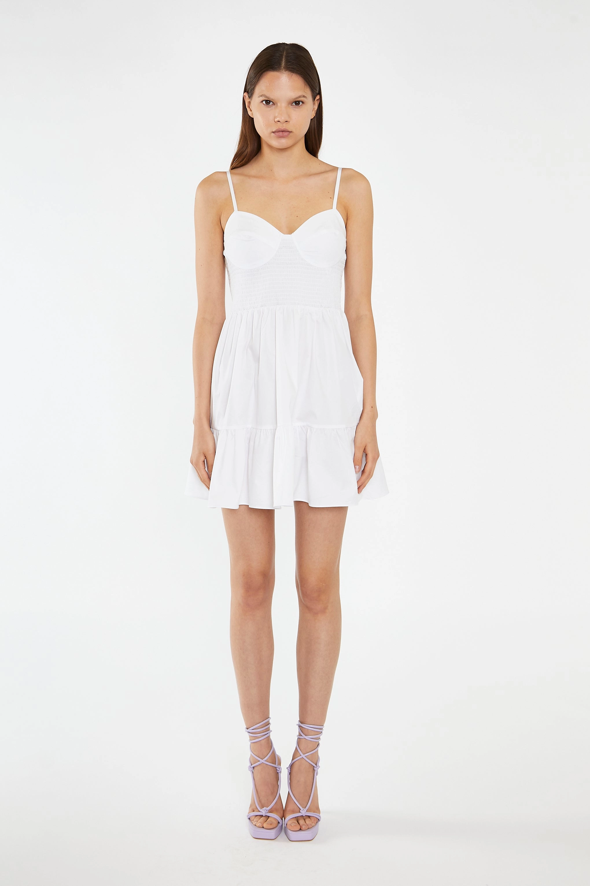 White Tiered Smocked-Bodice Mini-Dress