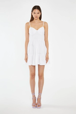 White Tiered Smocked-Bodice Mini-Dress