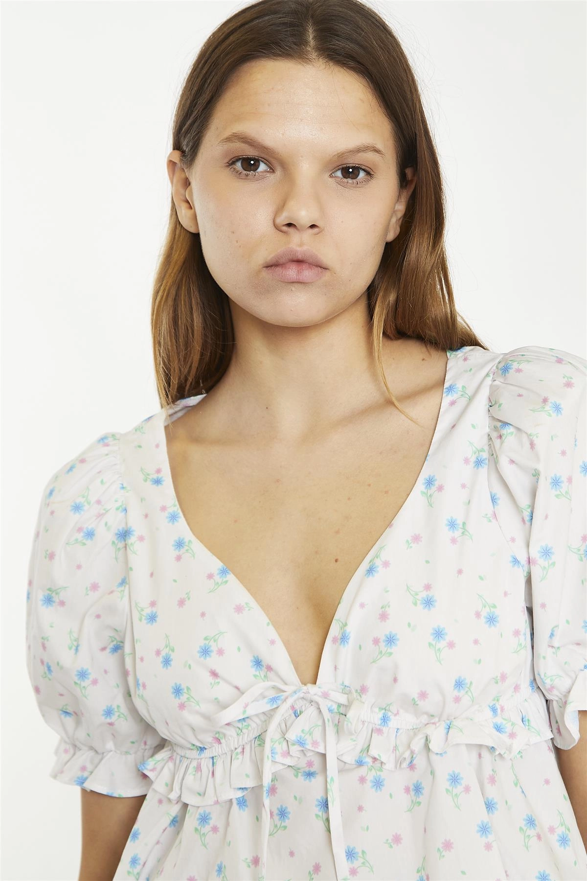 White/Blue/Pink Ditsy V-Neck Crop-Top