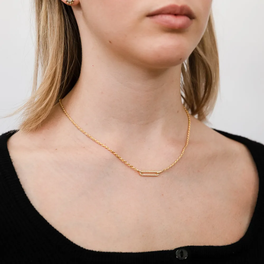 Yellow Gold Plated Sterling Silver CZ On Open Rectangle Pendant On 45cm Chain
