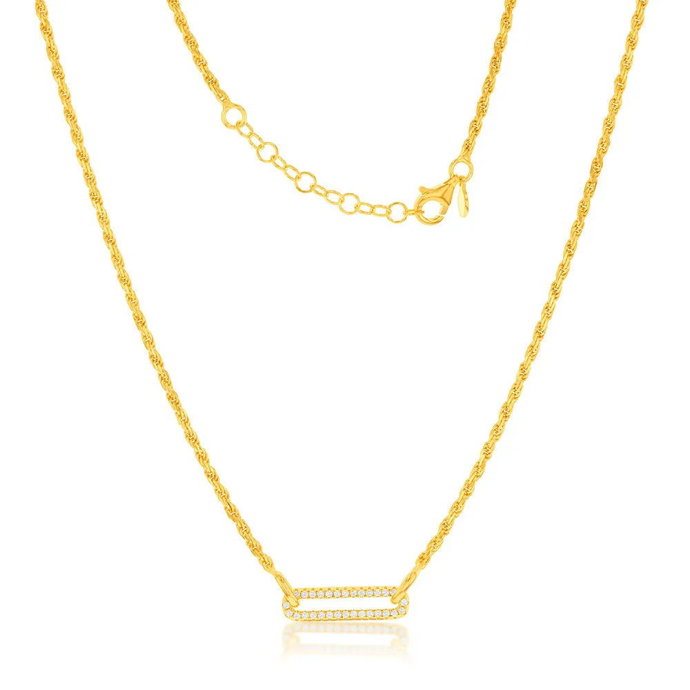 Yellow Gold Plated Sterling Silver CZ On Open Rectangle Pendant On 45cm Chain