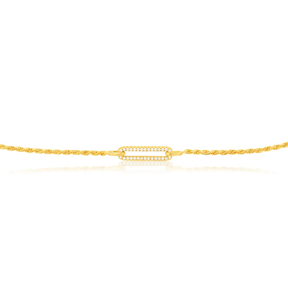 Yellow Gold Plated Sterling Silver CZ On Open Rectangle Pendant On 45cm Chain