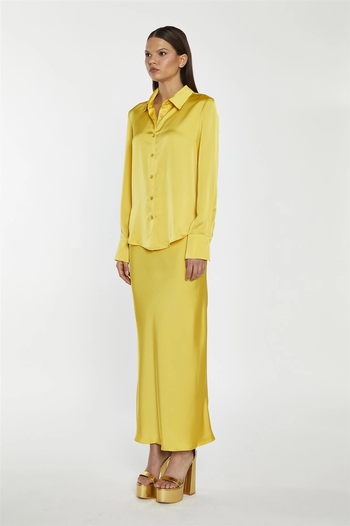 Yellow Satin Bias-Cut Midi-Skirt