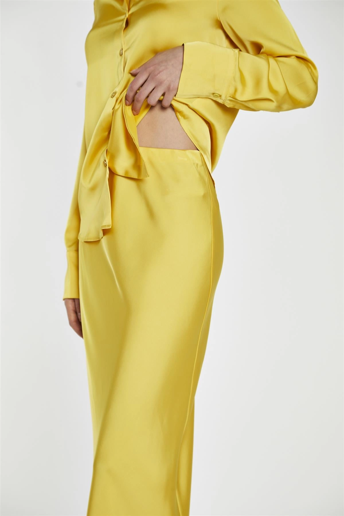 Yellow Satin Bias-Cut Midi-Skirt