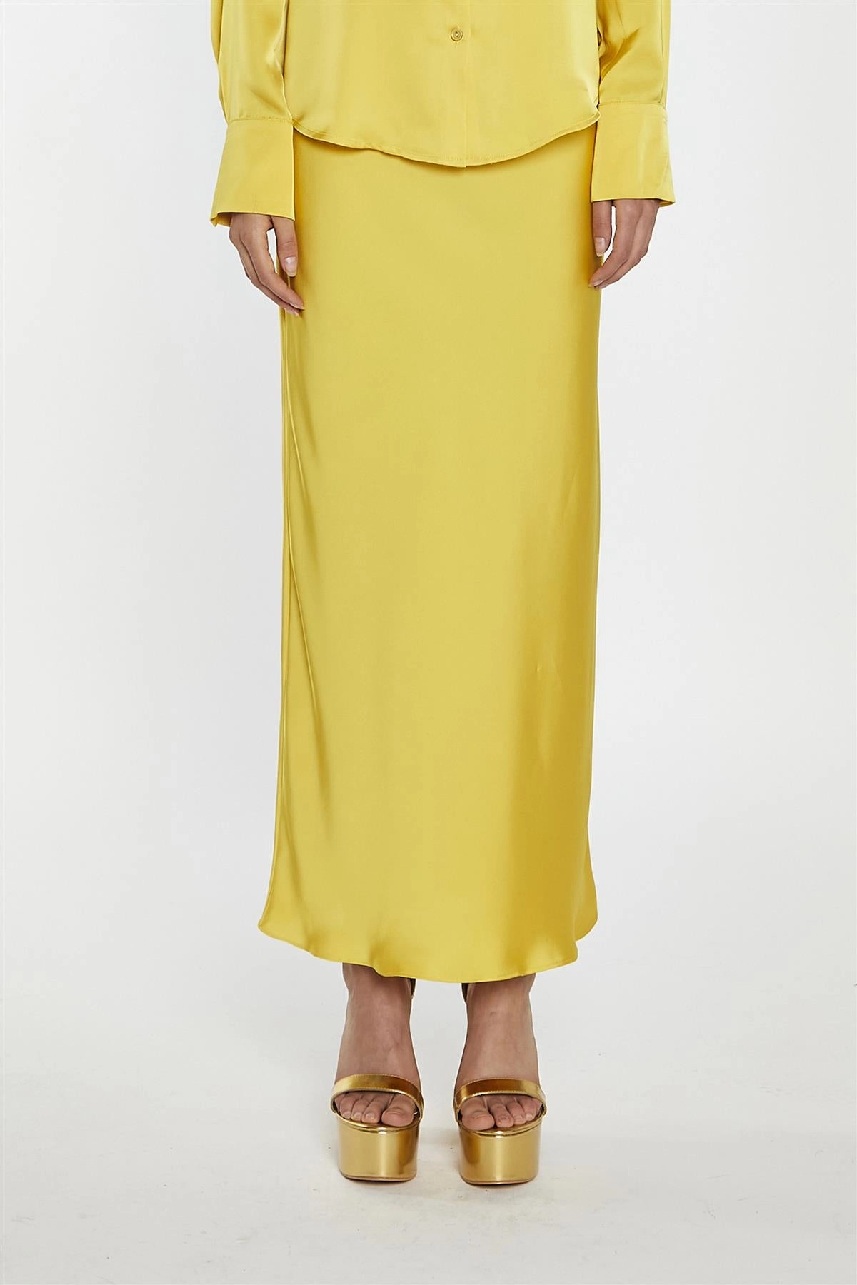 Yellow Satin Bias-Cut Midi-Skirt