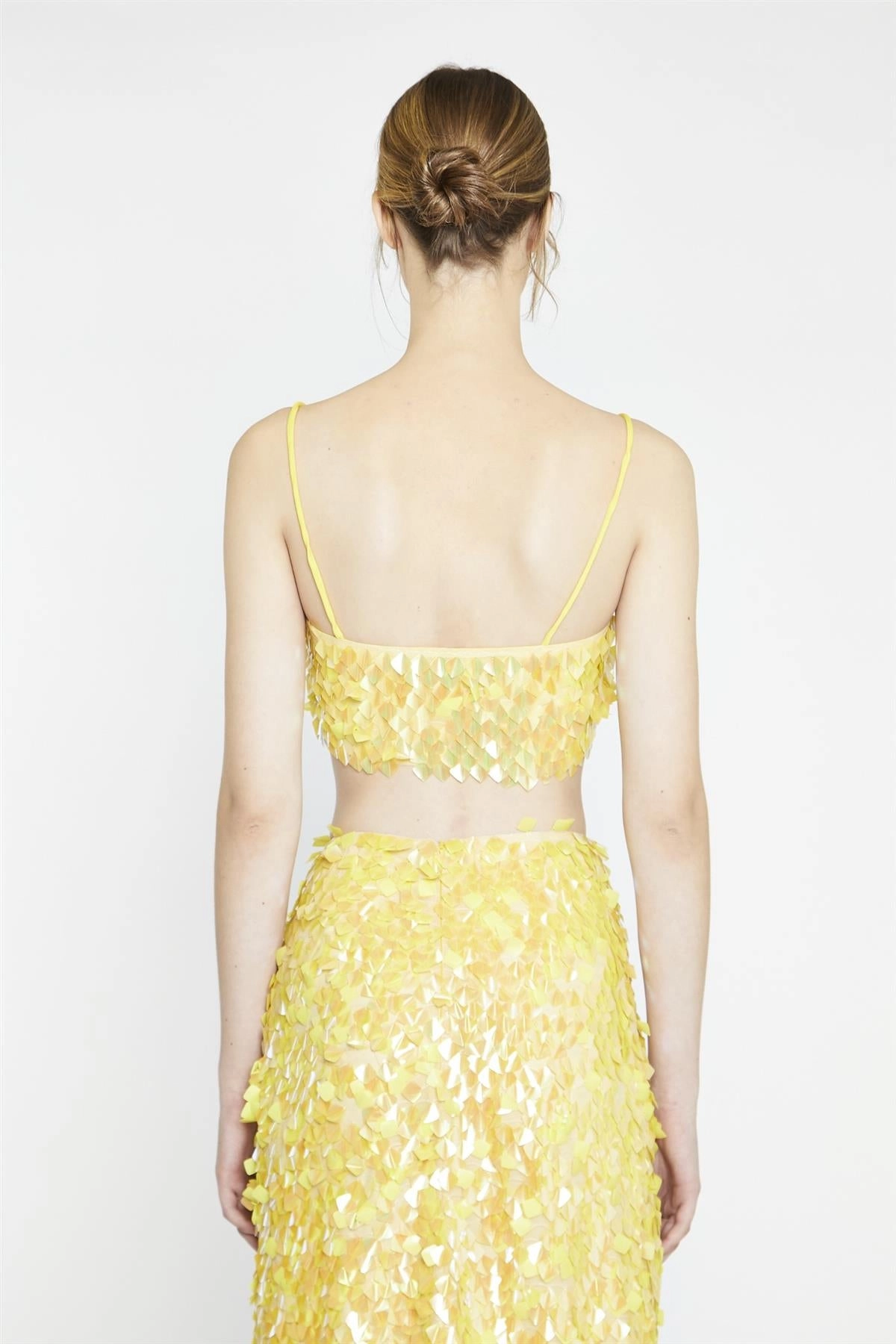 Yellow-Square-Sequin Spaghetti-Strap Crop-Top
