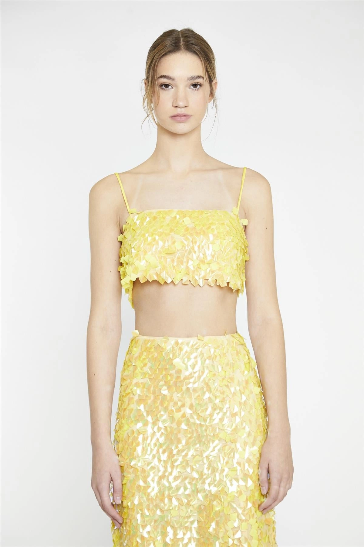 Yellow-Square-Sequin Spaghetti-Strap Crop-Top