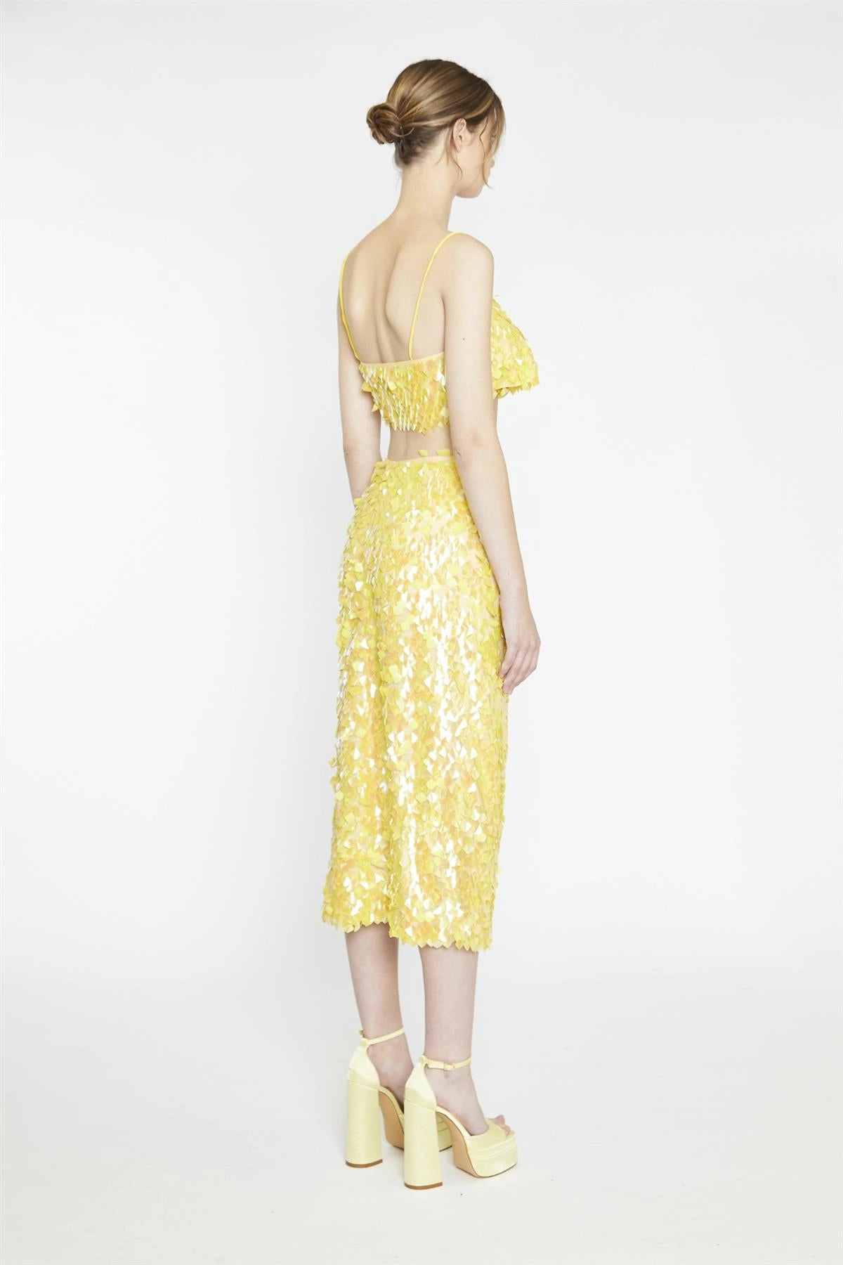 Yellow-Square-Sequin Spaghetti-Strap Crop-Top