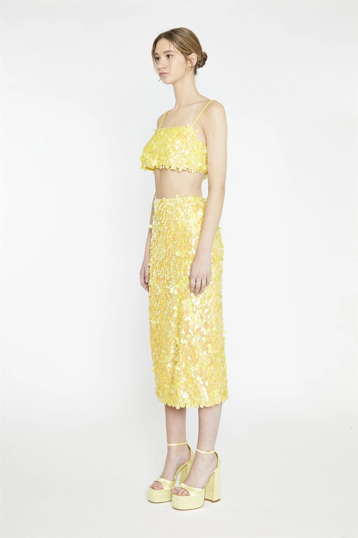 Yellow-Square-Sequin Spaghetti-Strap Crop-Top